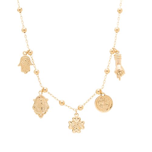 Colar Patuá Lisa com Mão de Fátima, Nossa Senhora das Graças, Trevo, São Bento e Figa 45cm - Banho de Ouro 18k