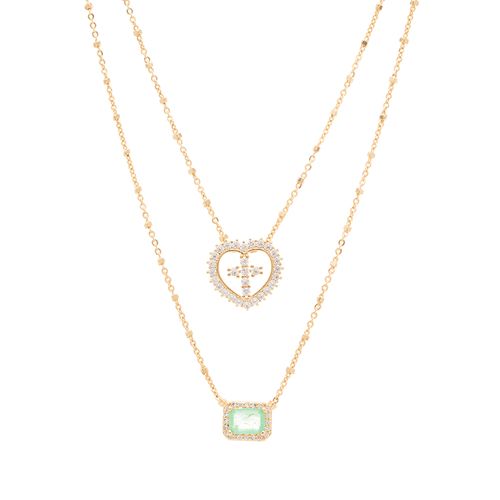 Colar Escapulário Retângulo de Fusion Esmeralda Colombiana e Coração Zircônias Brancas 65cm - Banho Ouro 18k