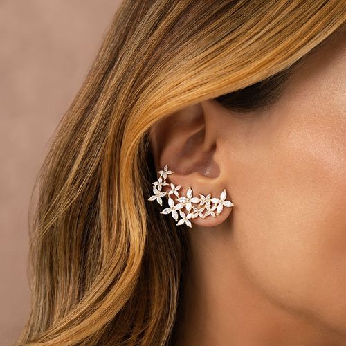 Brinco Earcuff Flores Navetes com Zircônias Brancas - Banho de Ouro 18k