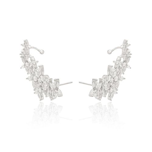 Brinco Earcuff Flores Navetes com Zircônias Brancas - Banho de Ródio Branco