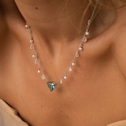 Colar Trillion Cristal Topázio Sky Blue, Pérolas Shell e Zircônias Brancas 47cm - Prata 925