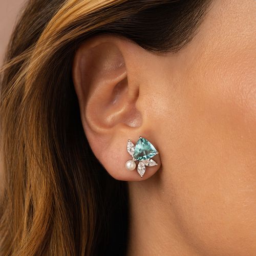 Brinco Trillion Cristal Topázio Sky Blue, Pérolas Shell e Zircônias Brancas - Prata 925