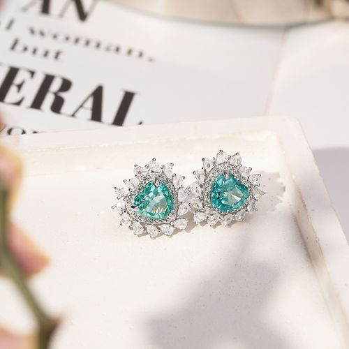 Brinco Coração Crushed Ice Cutting Sky Blue e Zircônias Brancas 5A - Prata 925