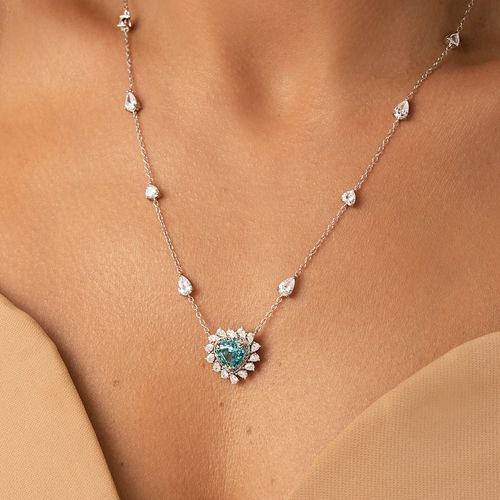 Colar Coração Crushed Ice Cutting Sky Blue e Zircônias Brancas 5A 50cm - Prata 925