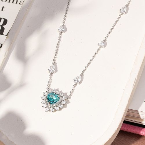 Colar Coração Crushed Ice Cutting Sky Blue e Zircônias Brancas 5A 50cm - Prata 925