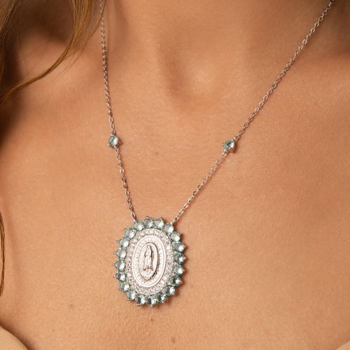 Colar Medalha Milagrosa e Nossa Senhora das Graças com Cristal Topázio Sky Blue e Zircônias Brancas 47cm - Prata 925