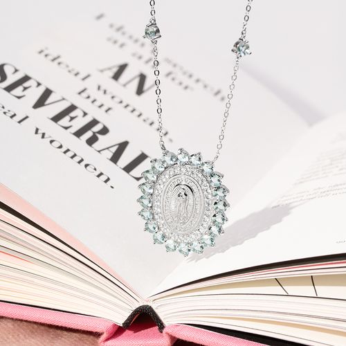Colar Medalha Milagrosa e Nossa Senhora das Graças com Cristal Topázio Sky Blue e Zircônias Brancas 47cm - Prata 925