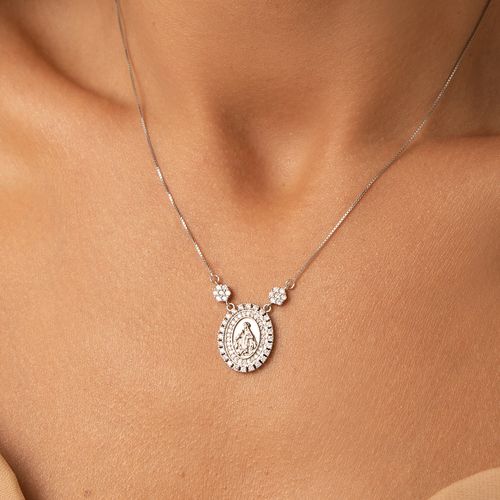 Colar Medalha Milagrosa e Nossa Senhora das Graças com Zircônias Brancas 47cm - Prata 925