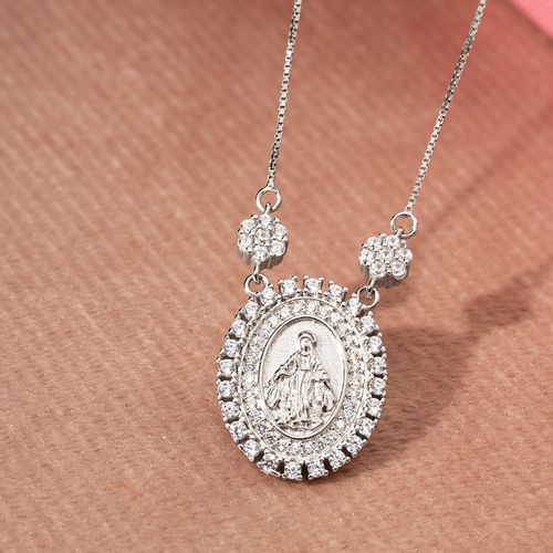 Colar Medalha Milagrosa e Nossa Senhora das Graças com Zircônias Brancas 47cm - Prata 925