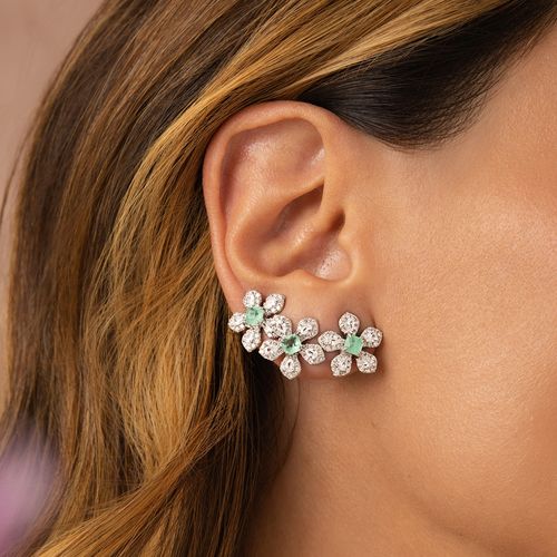 Brinco Flor de Fusion Esmeralda Colombiana e Zircônias Brancas - Prata 925