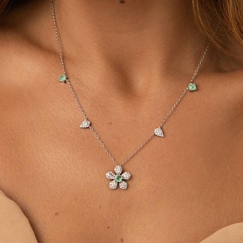 Colar Flor de Fusion Esmeralda Colombiana e Zircônias Brancas 56cm - Prata 925