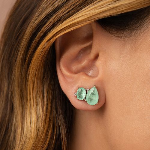 Brinco Earcuff Formas Fusion Esmeralda Colombiana e Zircônias Brancas - Prata 925