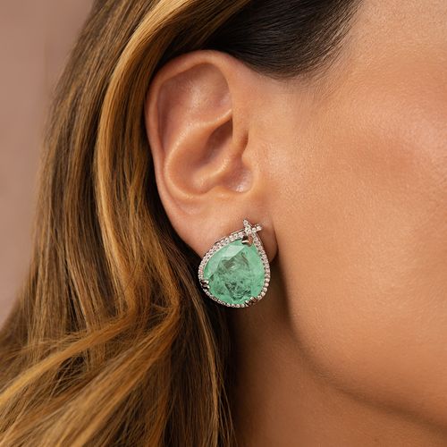 Brinco Gota 16x13 de Fusion Esmeralda Colombiana e Zircônias Brancas - Prata 925