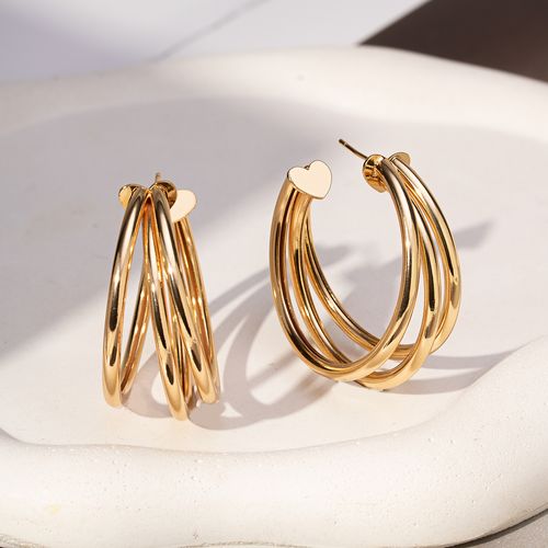 Brinco Argola Lisa 42mm 3 Linhas com Coração - Banho de Ouro 18k