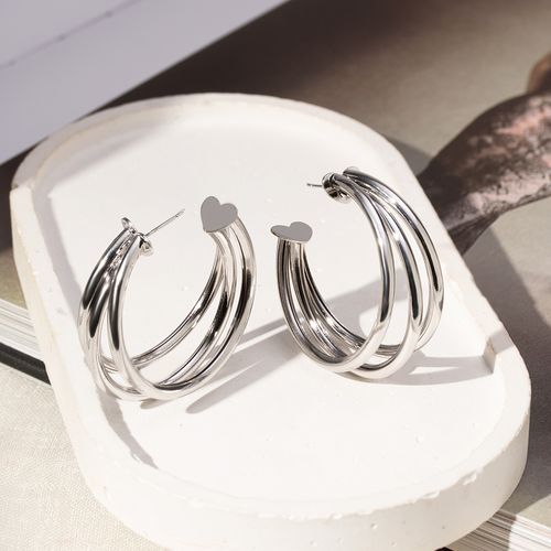 Brinco Argola Lisa 42mm 3 Linhas com Coração - Banho de Ródio Branco