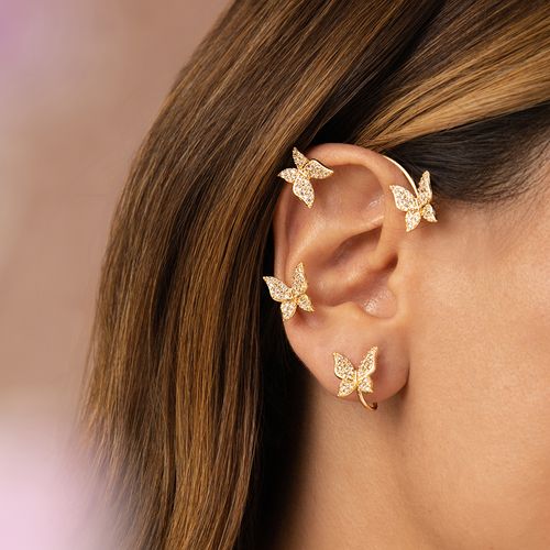 Brinco Earcuff Fake Borboletas com Zircônias Brancas - Banho de Ouro 18k