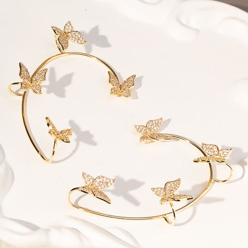 Brinco Earcuff Fake Borboletas com Zircônias Brancas - Banho de Ouro 18k