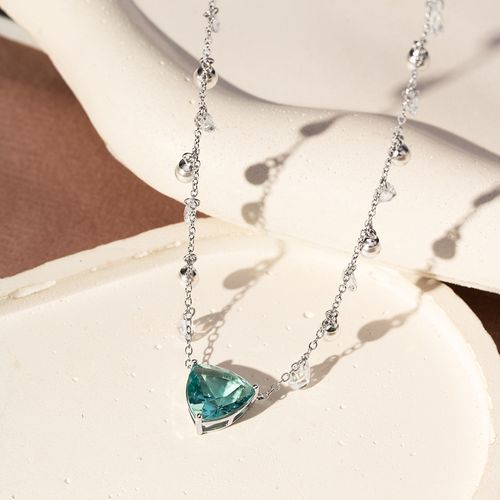 Colar Trillion Cristal Topázio Sky Blue, Pérolas Shell e Zircônias Brancas 47cm - Prata 925