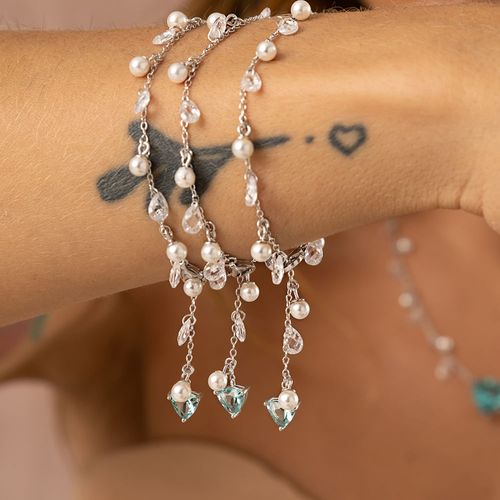 Pulseira Trillion Cristal Topázio Sky Blue, Pérolas Shell e Zircônias Brancas 18cm - Prata 925