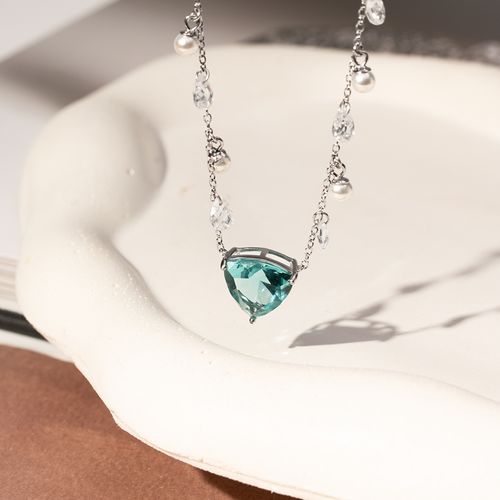 Colar Trillion Cristal Topázio Sky Blue, Pérolas Shell e Zircônias Brancas 47cm - Prata 925