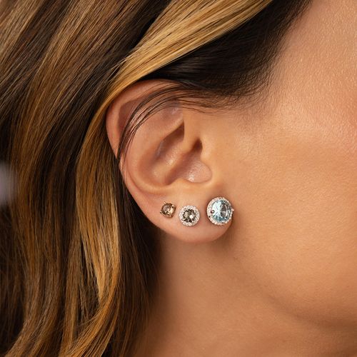 Kit com 3 Pares Tops Redondos com Cristal Água Marinha, Cristal Topázio Fumê e Zircônias Brancas - Prata 925