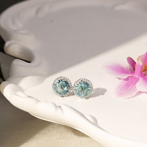 Kit com 3 Pares Tops Redondos com Cristal Água Marinha, Cristal Topázio Fumê e Zircônias Brancas - Prata 925