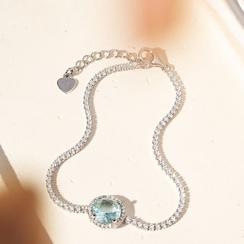 Kit com Duas Pulseiras Redondos com Cristal Água Marinha, Cristal Topázio Fumê e Zircônias Brancas 20cm - Prata 925