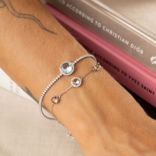 Kit com Duas Pulseiras Redondos com Cristal Água Marinha, Cristal Topázio Fumê e Zircônias Brancas 20cm - Prata 925