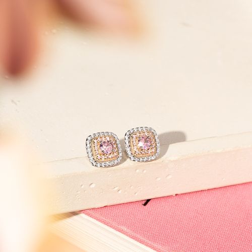 Brinco Quadrado com Zircônia Fancy Pink, Zircônias Kunzita e Zircônias Brancas com Microzircônias no Banho de Ouro Rosé - Prata 925