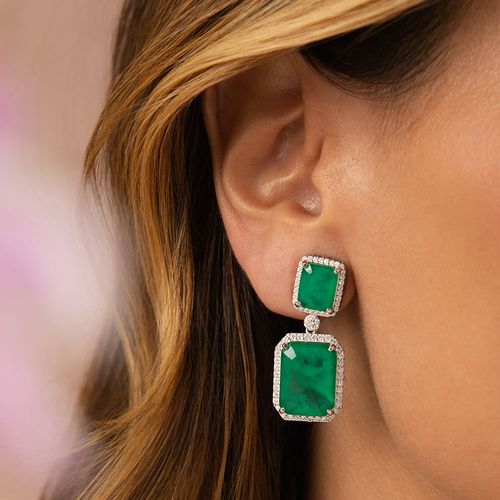 Brinco 2 Retângulos Bordados com Fusion Esmeralda e Zircônias Brancas - Prata 925