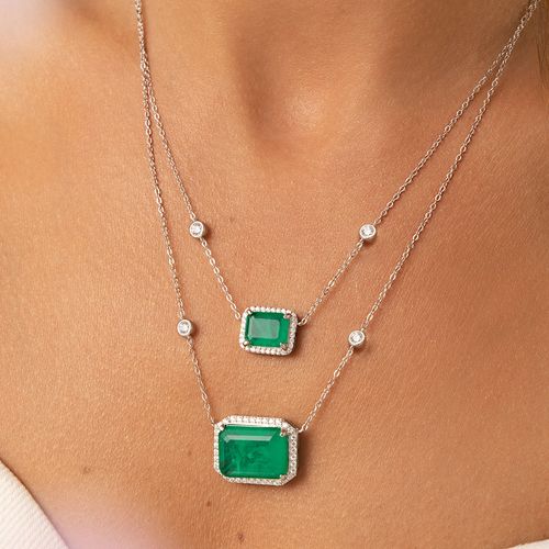 Colar Duplo Retângulos Bordados com Fusion Esmeralda e Zircônias Brancas 52cm - Prata 925