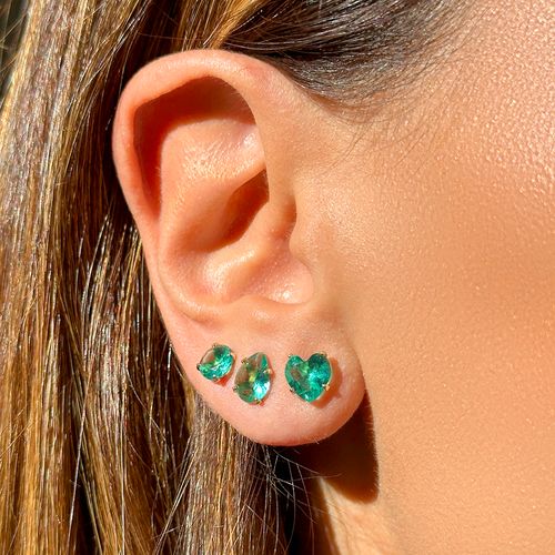 Kit com 3 Pares de Brincos Top Redondo/Coração/ Gota 6mm/7mm/6x8mm com Cristal Paraíba - Banho de Ouro 18k