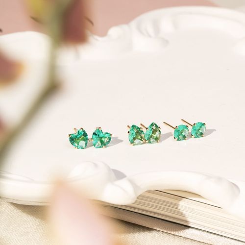 Kit com 3 Pares de Brincos Top Redondo/Coração/ Gota 6mm/7mm/6x8mm com Cristal Paraíba - Banho de Ouro 18k