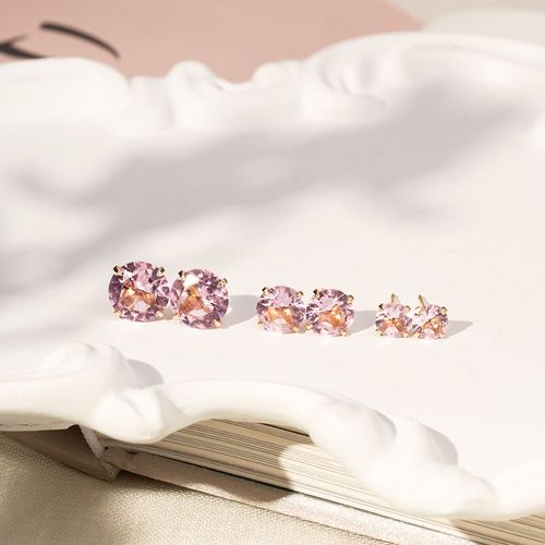 Kit com 3 Pares de Brincos Top Redondos 6mm/8mm/10mm com Cristal Quartzo Rosa - Banho de Ouro 18k