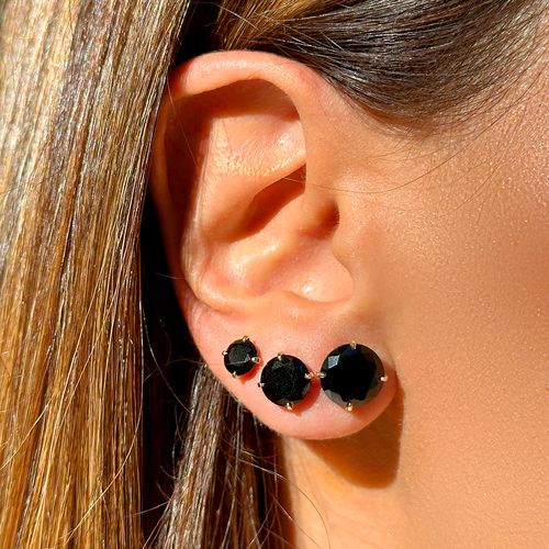 Kit com 3 Pares de Brincos Top Redondos 6mm/8mm/10mm com Zircônias Negras - Banho de Ouro 18k