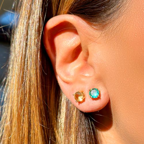 Kit com Dois Pares de Top Redondo com Cristal Paraiba e Cristal Citrino - Banho de Ouro 18k