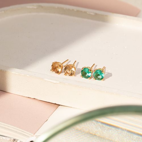 Kit com Dois Pares de Top Redondo com Cristal Paraiba e Cristal Citrino - Banho de Ouro 18k