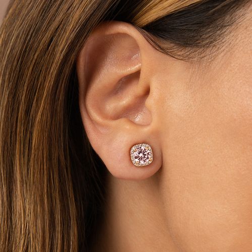 Brinco Top Redondo com Cristal Diamond Pink e Zircônias Brancas - Banho de Ouro 18k