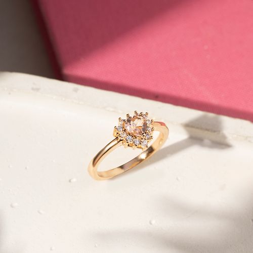 Anel Coração com Cristal Morganita e Zircônias Brancas - Banho de Ouro 18k