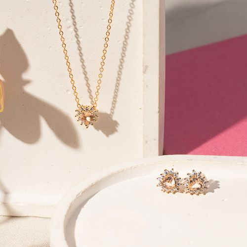 Conjunto Brinco e Colar Coração com Cristal Morganita e Zircônias Brancas 51cm - Banho de Ouro 18k