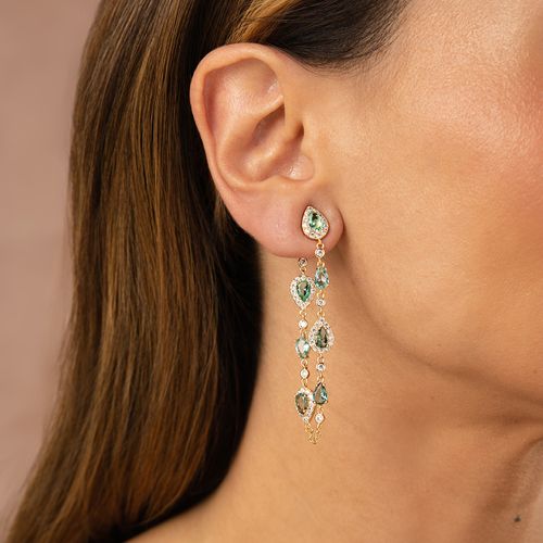 Brinco Earchain Gotas com Cristal Paraiba, Zircônias Brancas e Tarraxa fixa - Banho de Ouro 18k