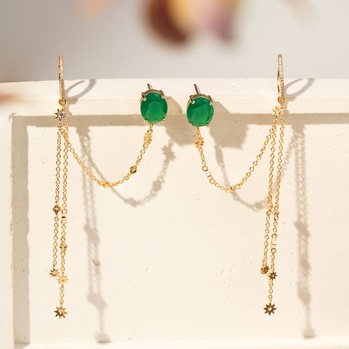 Brinco Earchain Oval e Estrelas com Cristal Esmeralda e Zircônias Brancas - Banho de Ouro 18k