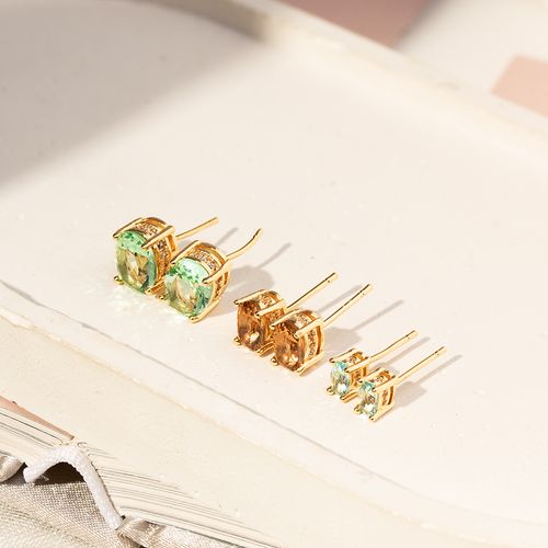 Kit com 3 Pares Ovais 3x5 - 5x7- 7x9 de Cristal Paraíba, Cristal Rodolita, Cristal Água Marinha - Banho de Ouro 18k