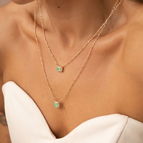 Colar Escapulário Formas com Fusion Esmeralda Colombiana e Zircônias Brancas 65cm - Banho de Ouro 18k