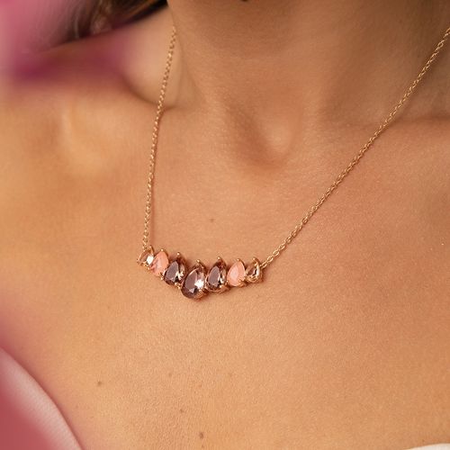 Colar Gotas com Fusion Morganita, Cristal Rodolita e Cristal Ambar 50cm - Banho de Ouro 18k