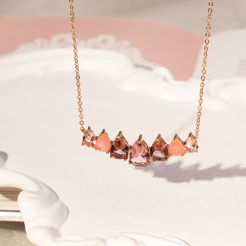 Colar Gotas com Fusion Morganita, Cristal Rodolita e Cristal Ambar 50cm - Banho de Ouro 18k