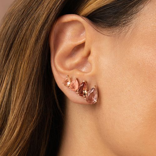 Brinco Earcuff Gotas com Fusion Morganita, Cristal Rodolita e Cristal Âmbar - Banho de Ouro 18k