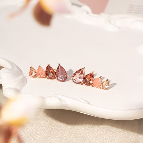 Brinco Earcuff Gotas com Fusion Morganita, Cristal Rodolita e Cristal Âmbar - Banho de Ouro 18k