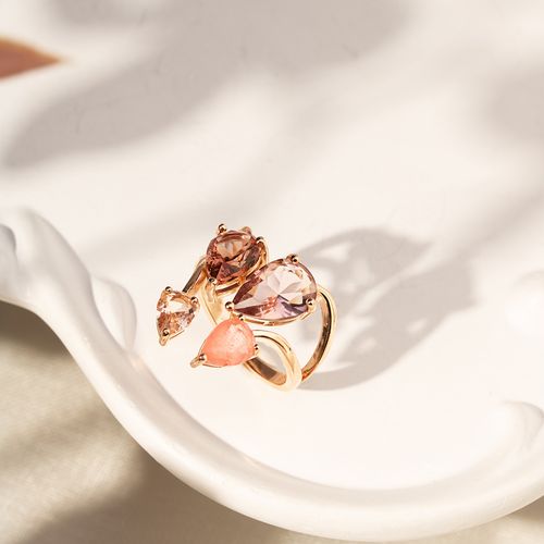 Anel Gotas com Fusion Morganita, Cristal Rodolita e Cristal Âmbar - Banho de Ouro 18k