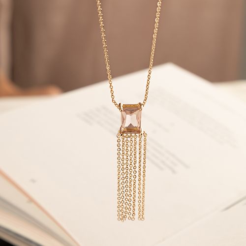 Colar Retangular de Cristal Rodolita com Franja 55cm - Banho de Ouro 18k